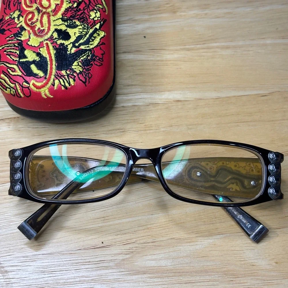 Ed Hardy Eyeglass Frames Women 52-16-140 Sky Amber Rhinestone Skull EH0712
